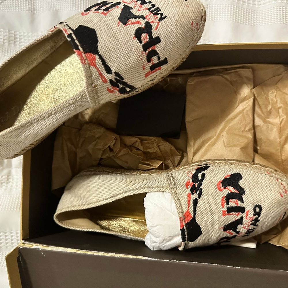 Prada Natural Canvas Espadrilles with Black and Coral Print